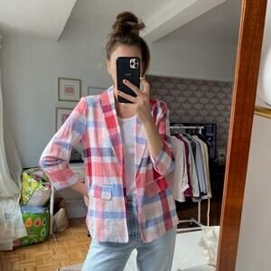 Maison Jules Red White Blue Coastal Plaid Blazer Sz S/M